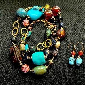 New Turquois Brown Gold Chunky Long Lariat Statement Necklace Earring Gift Box